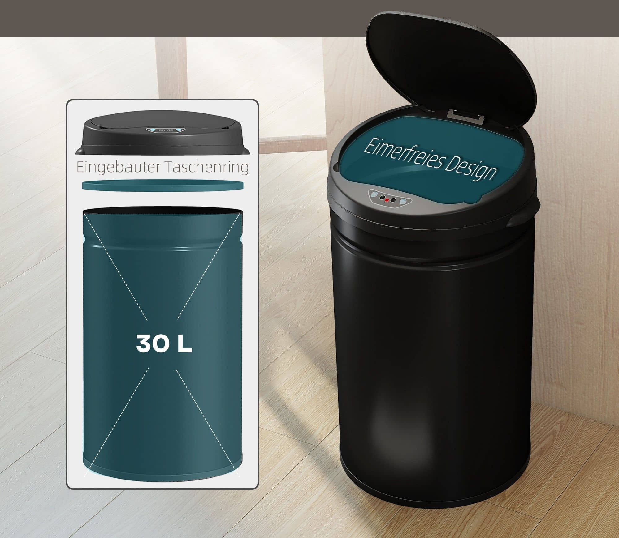 4goodz Sensorprullenbak Rond 30 liter 32x31x51cm - Zwart