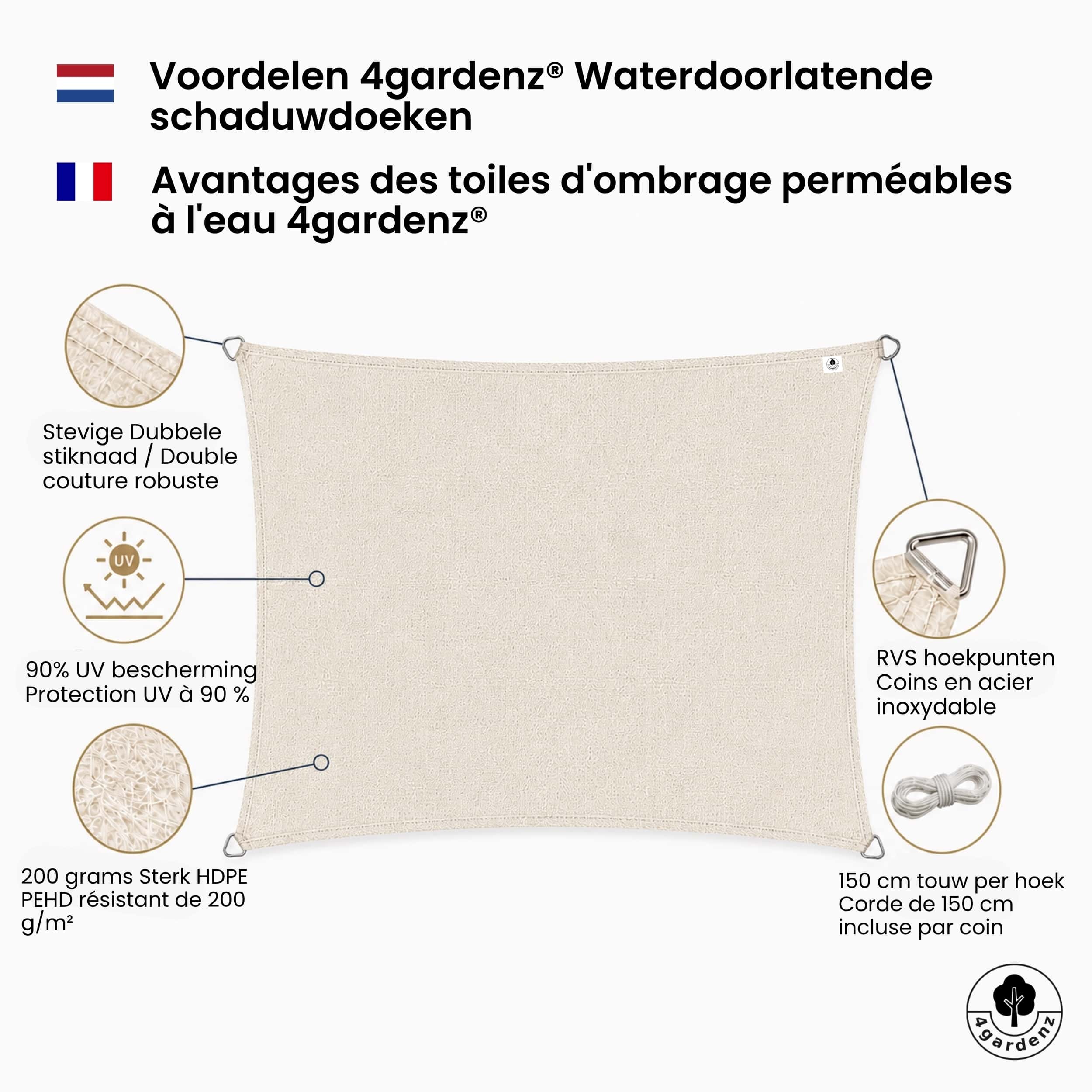 4gardenz Schaduwdoek Waterdoorlatend Rechthoek 5x6 mtr - Crème