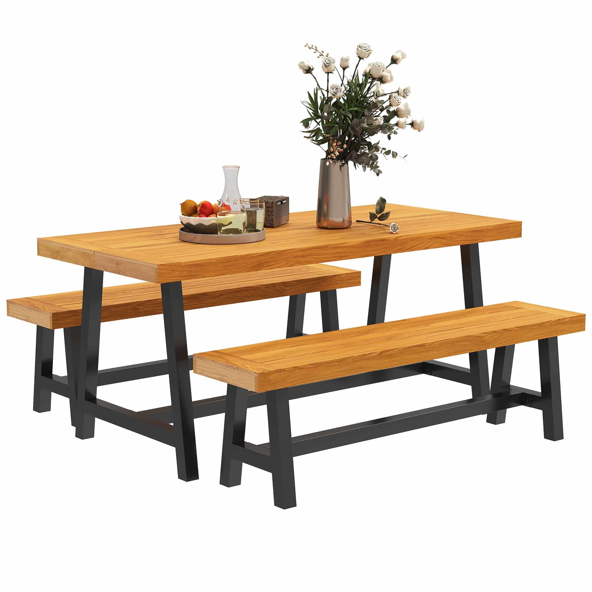 Tuintafelset voor 4 Personen met houten tafelblad - Zwart/Bruin