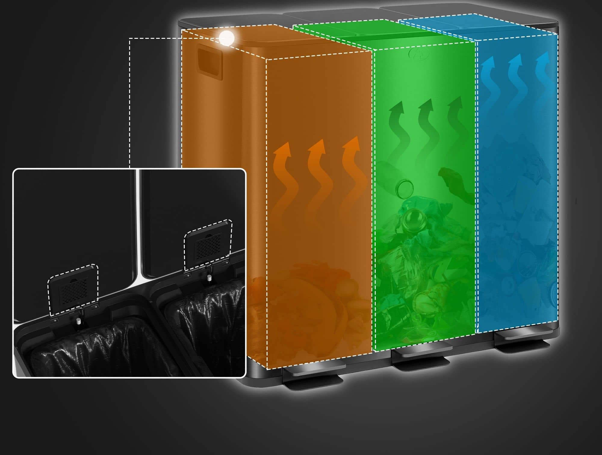 Prullenbak Afvalscheiding 3 x 15L - Geurfilter - Soft-Close - Binnen emmers uitneembaar - Zwart