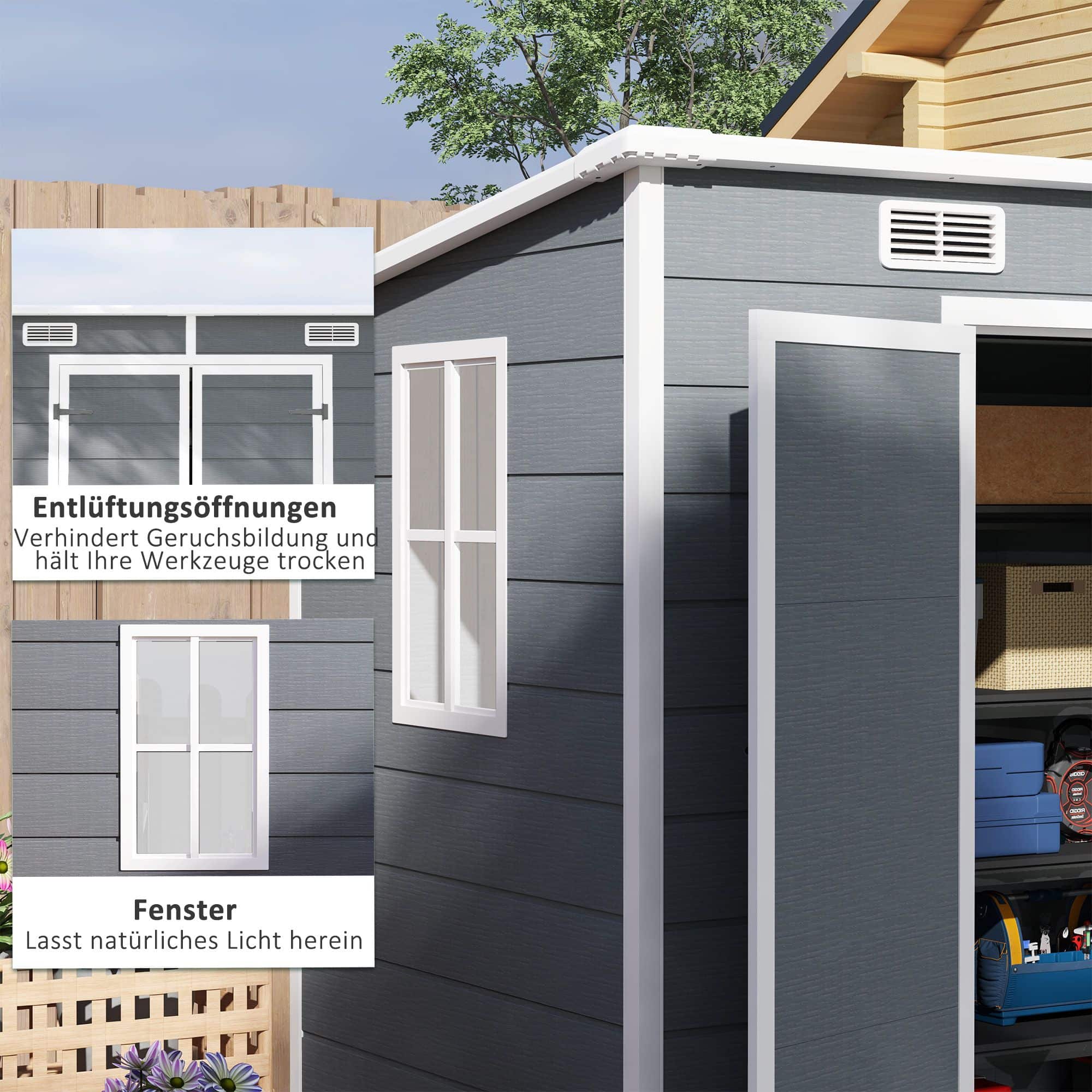 Kunststof Tuinhuis met Vloer - Raam en Afsluitbare Deuren - 125x238x183 cm - Grijs