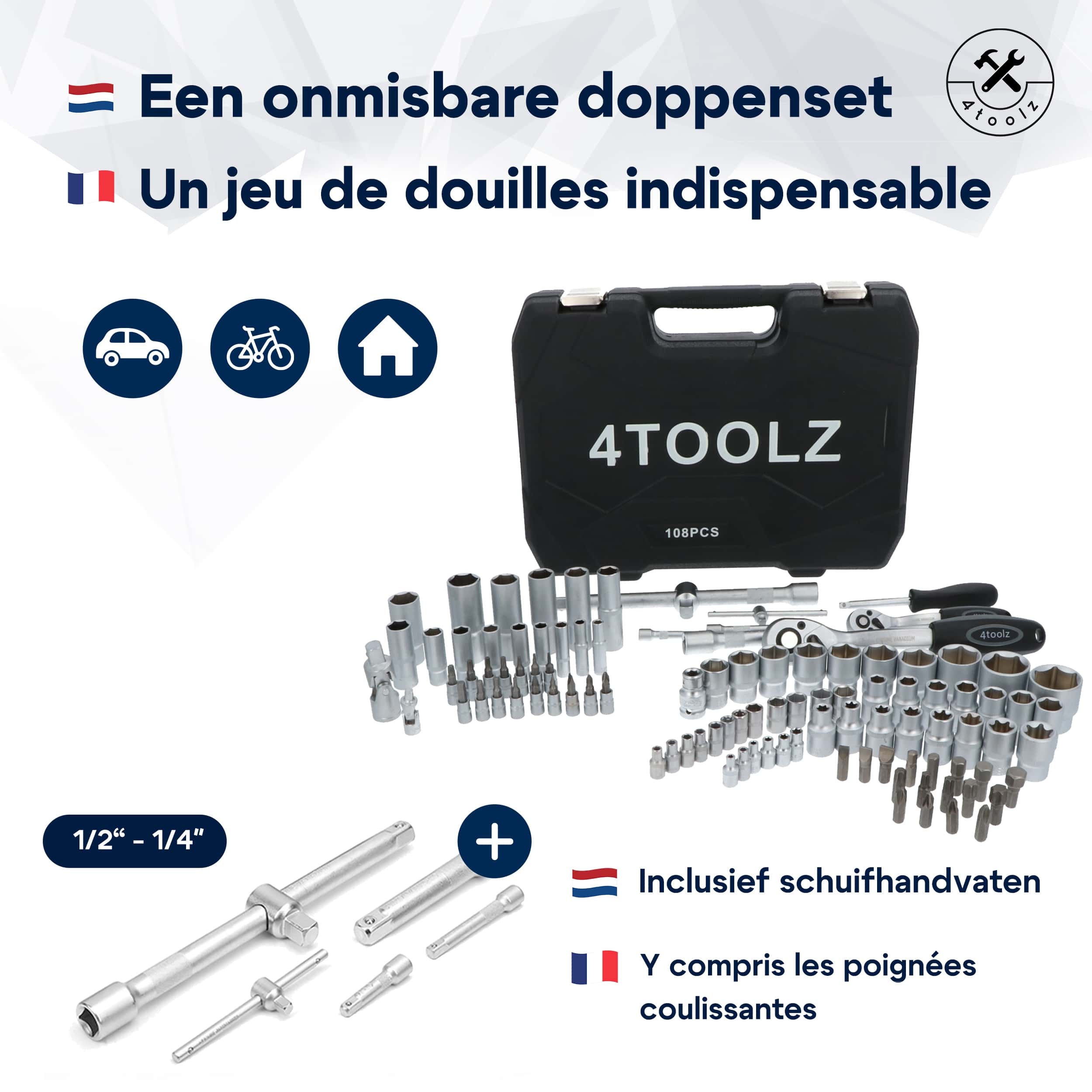 4toolz ® Doppenset 108-delig in Koffer - 72 tands Ratels 1/2" en 1/4'' Doppen en Bit-set