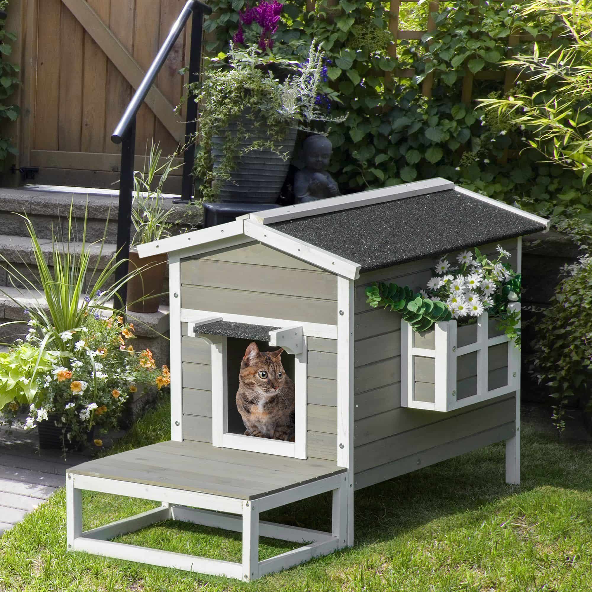 4goodz Kattenhuis met terras - 115x67x75 cm - Grijs