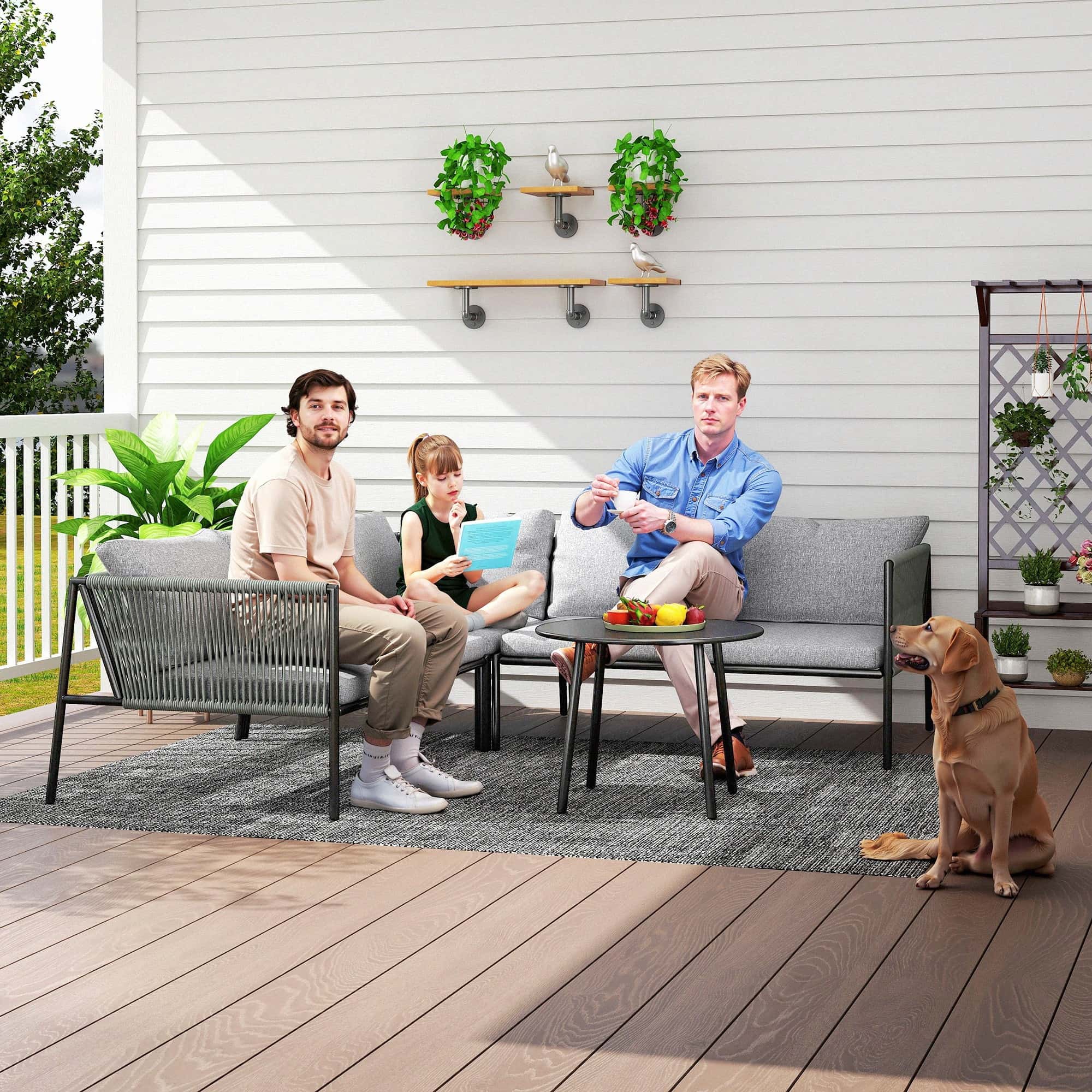 4goodz Tuinmeubelset voor 6 Personen Rattan Loungeset met Hoekbank met Tafel en Kussens