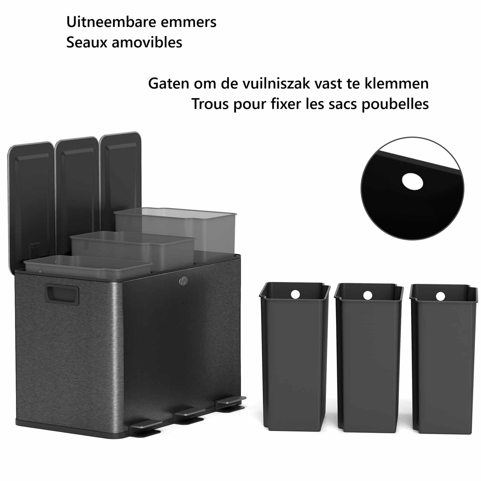 Prullenbak Afvalscheiding 3 x 20L - Geurfilter - emmers uitneembaar - Zwart
