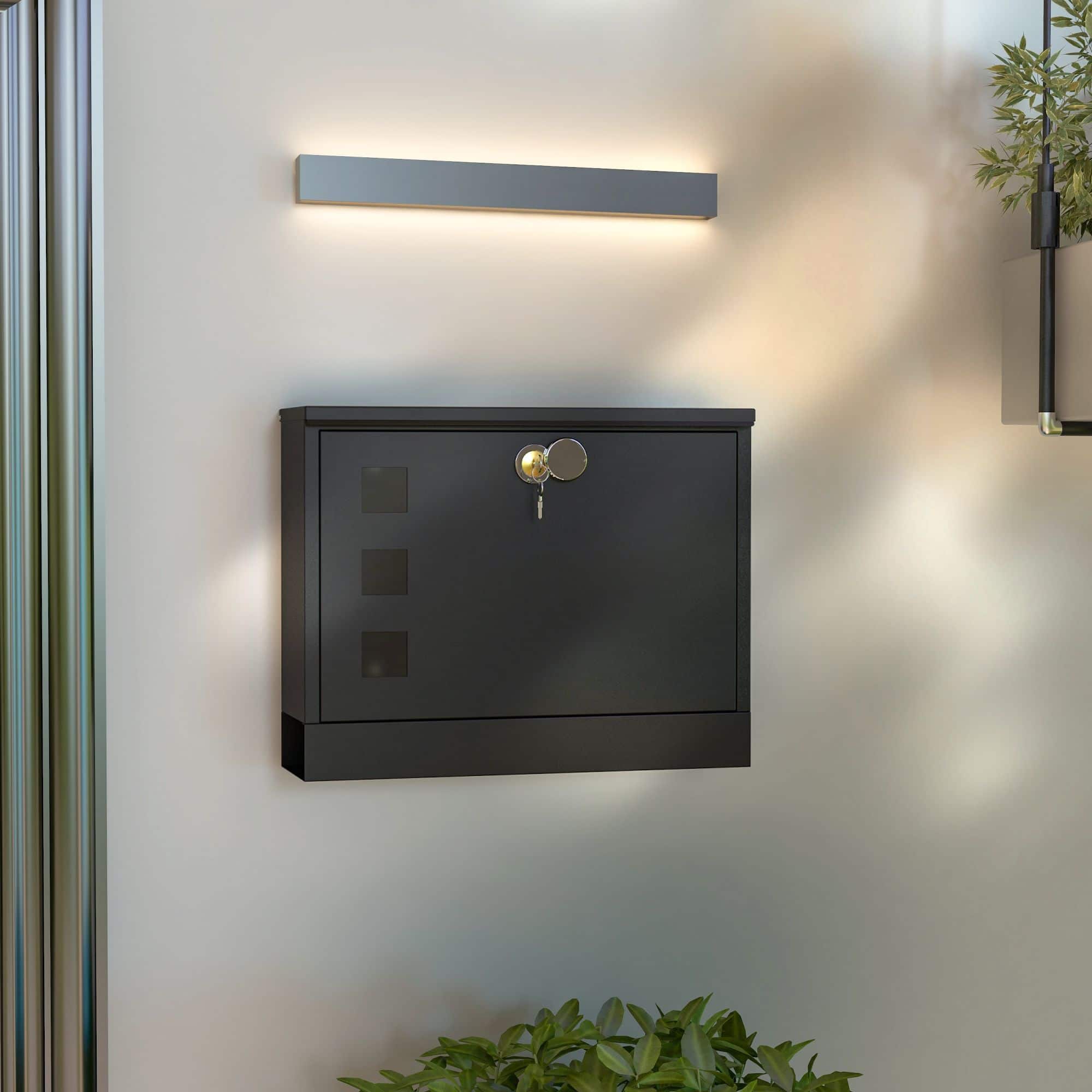 Wandbrievenbus modern - Afsluitbaar met slot - 36,5x11,5x29 cm - Zwart