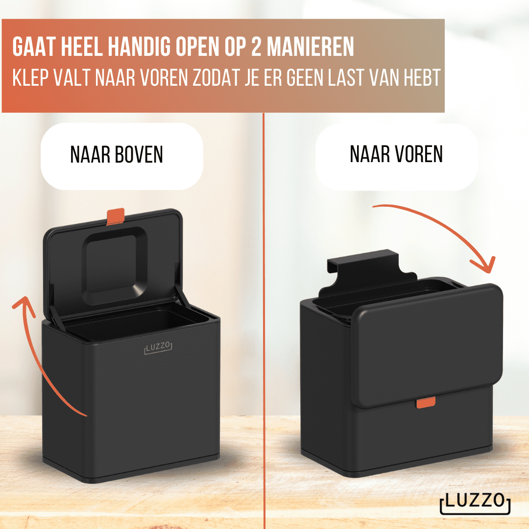 Luzzo® Loft Groente Afvalbak Zwart - Aanrecht Afvalbakje 5 liter - Uitneembare Binnenbak - Neerzetten/Ophangen - Zwart