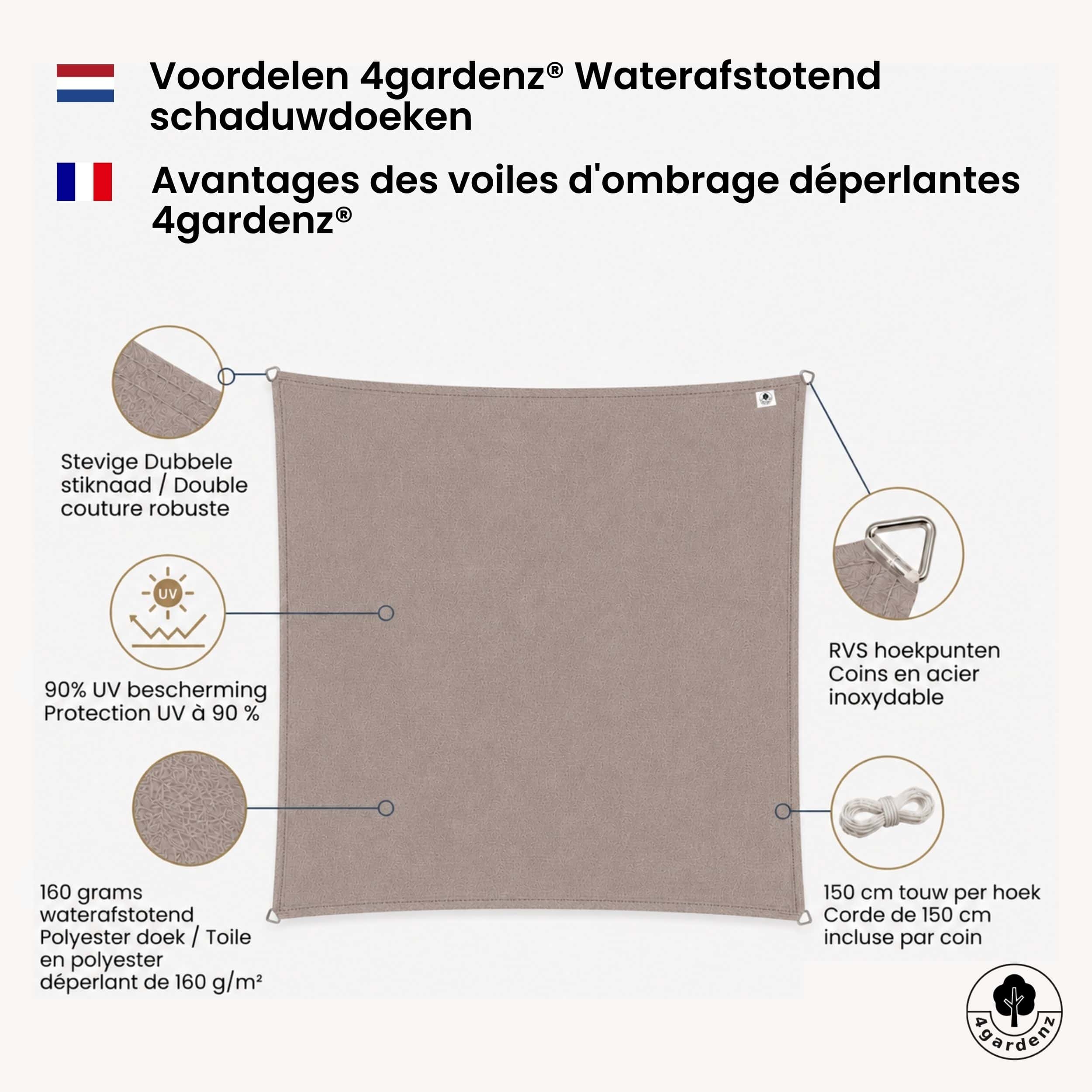 4gardenz Schaduwdoek Waterafstotend Vierkant 5x5 mtr - Taupe