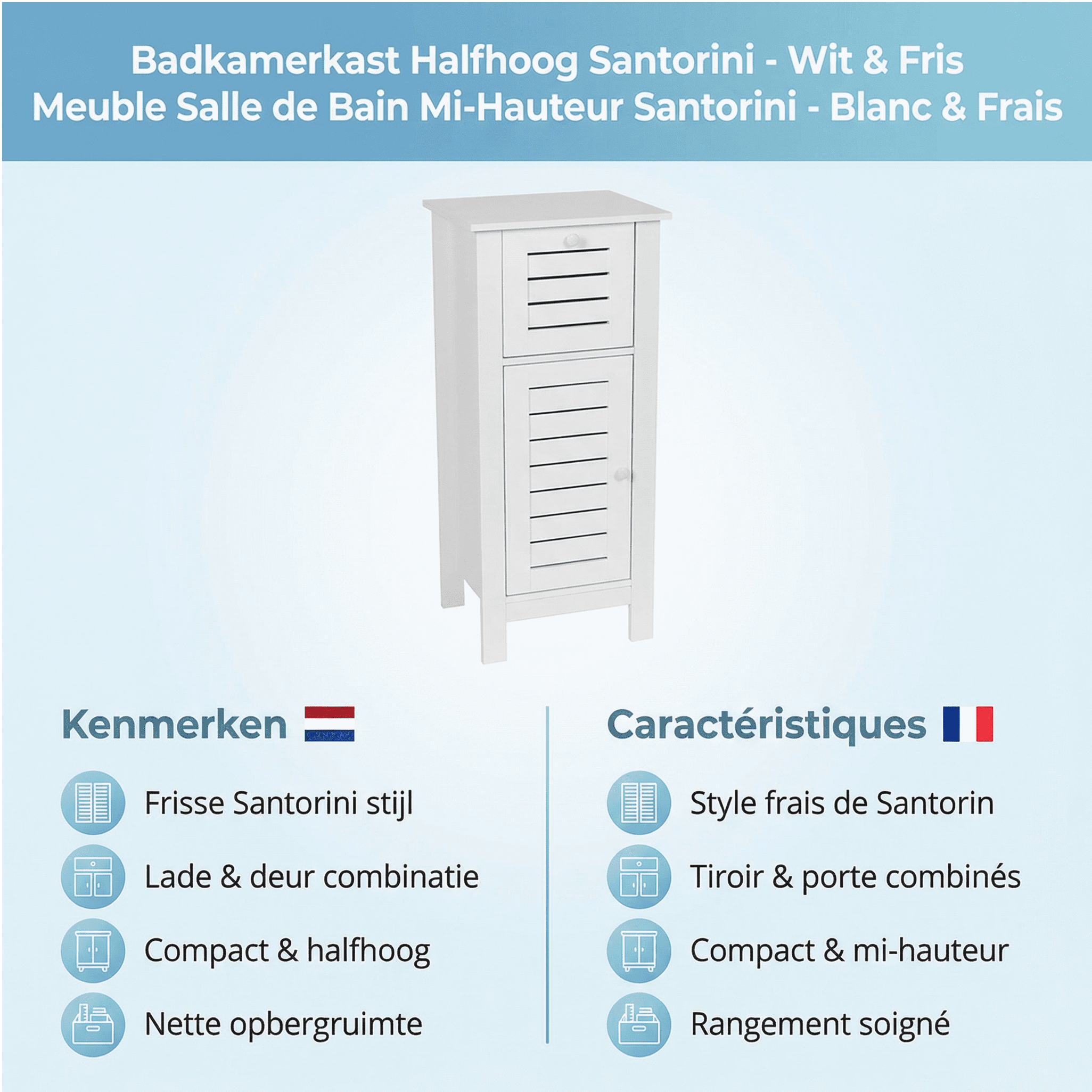 Badkamerkast Halfhoog Santorini met Deur en Lade - Wit Badkamerkast Halfhoog Santorini met Deur en Lade - Wit