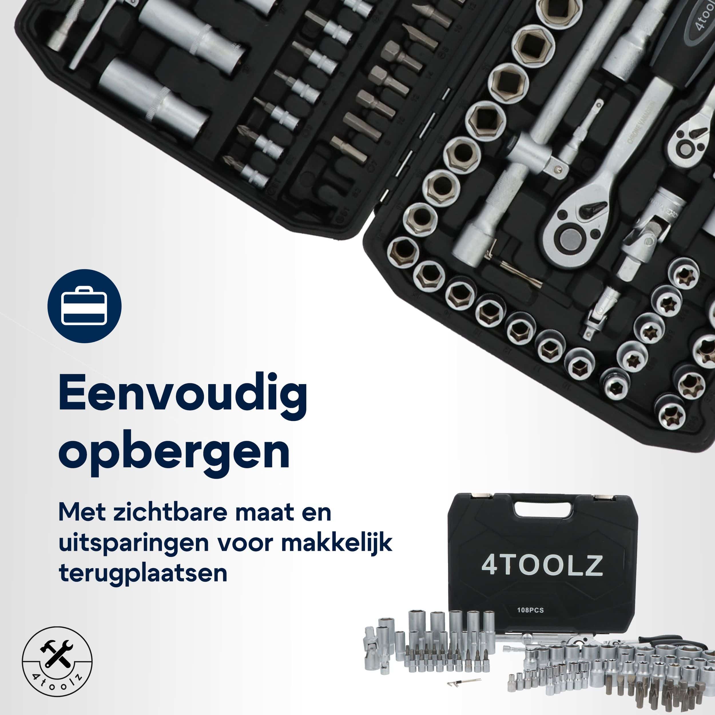 4toolz ® Doppenset 108-delig in Koffer - 72 tands Ratels 1/2&quot; en 1/4&#039;&#039; Doppen en Bit-set