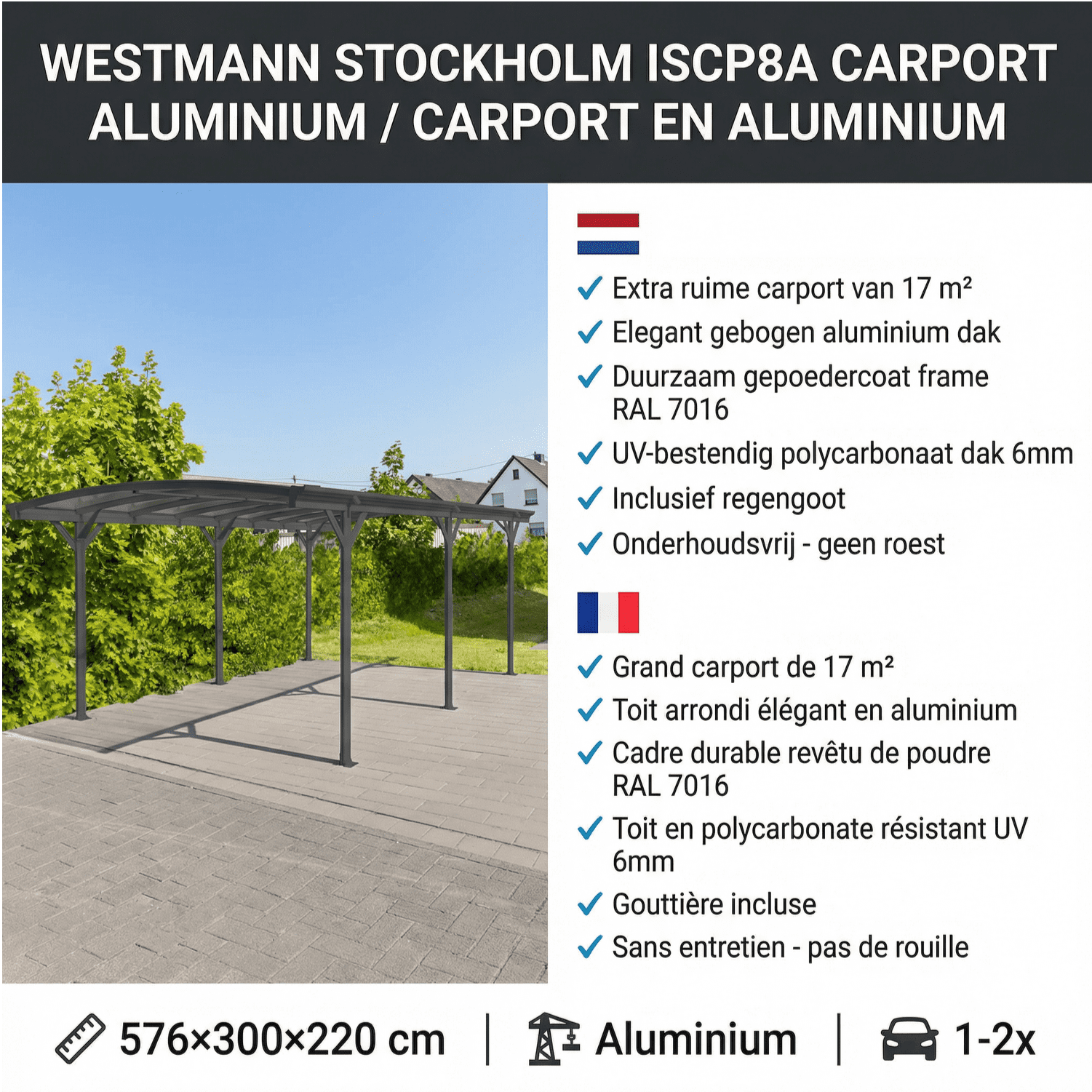 Westmann Stockholm Carport Gebogen Aluminium 576x300x220 cm - Grijs Westmann Stockholm Carport Gebogen Aluminium 576x300x220 cm - Grijs