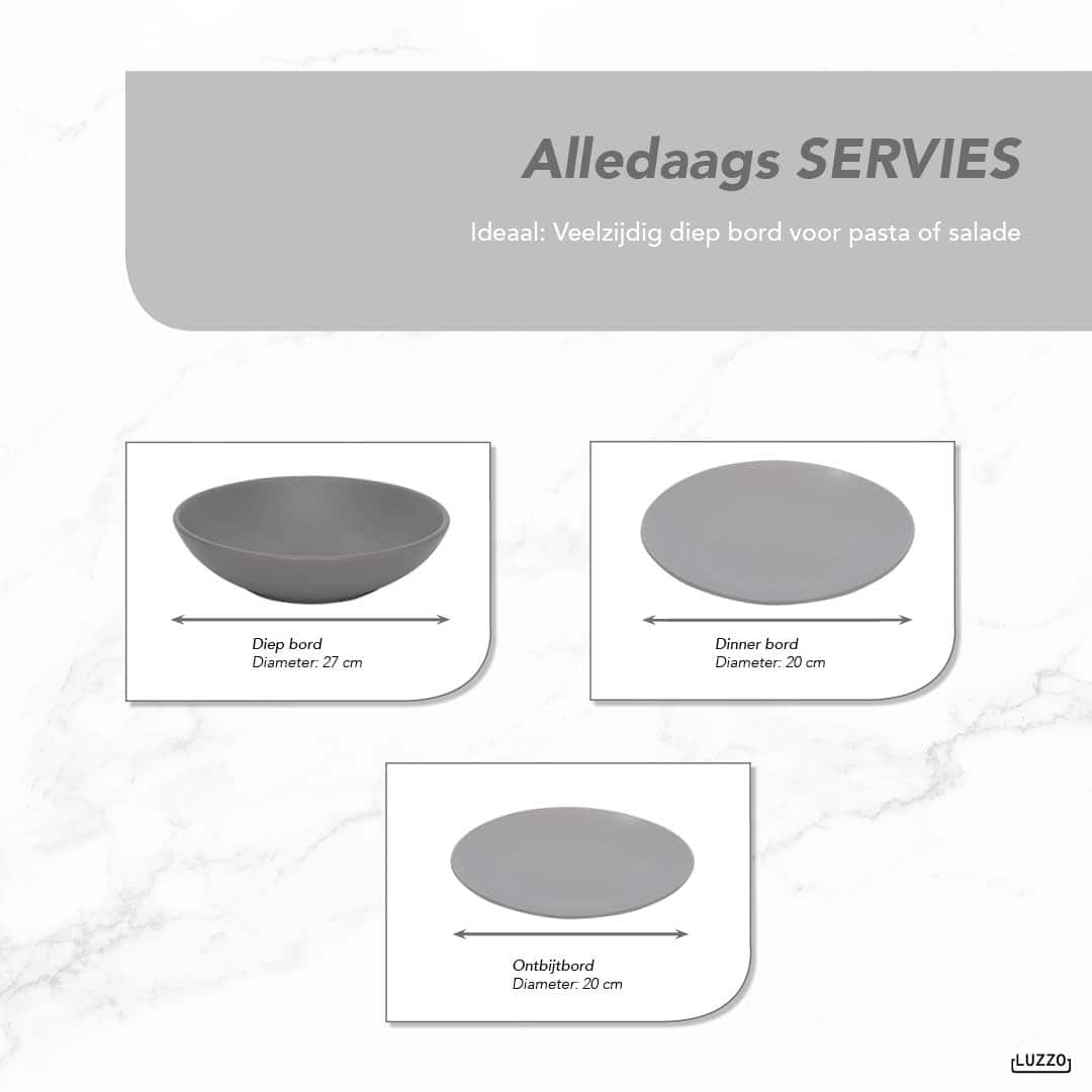 Luzzo® Serviesset Aland 6 persoons Aardewerk - 18-delig met Pastaborden - Mat Grijs