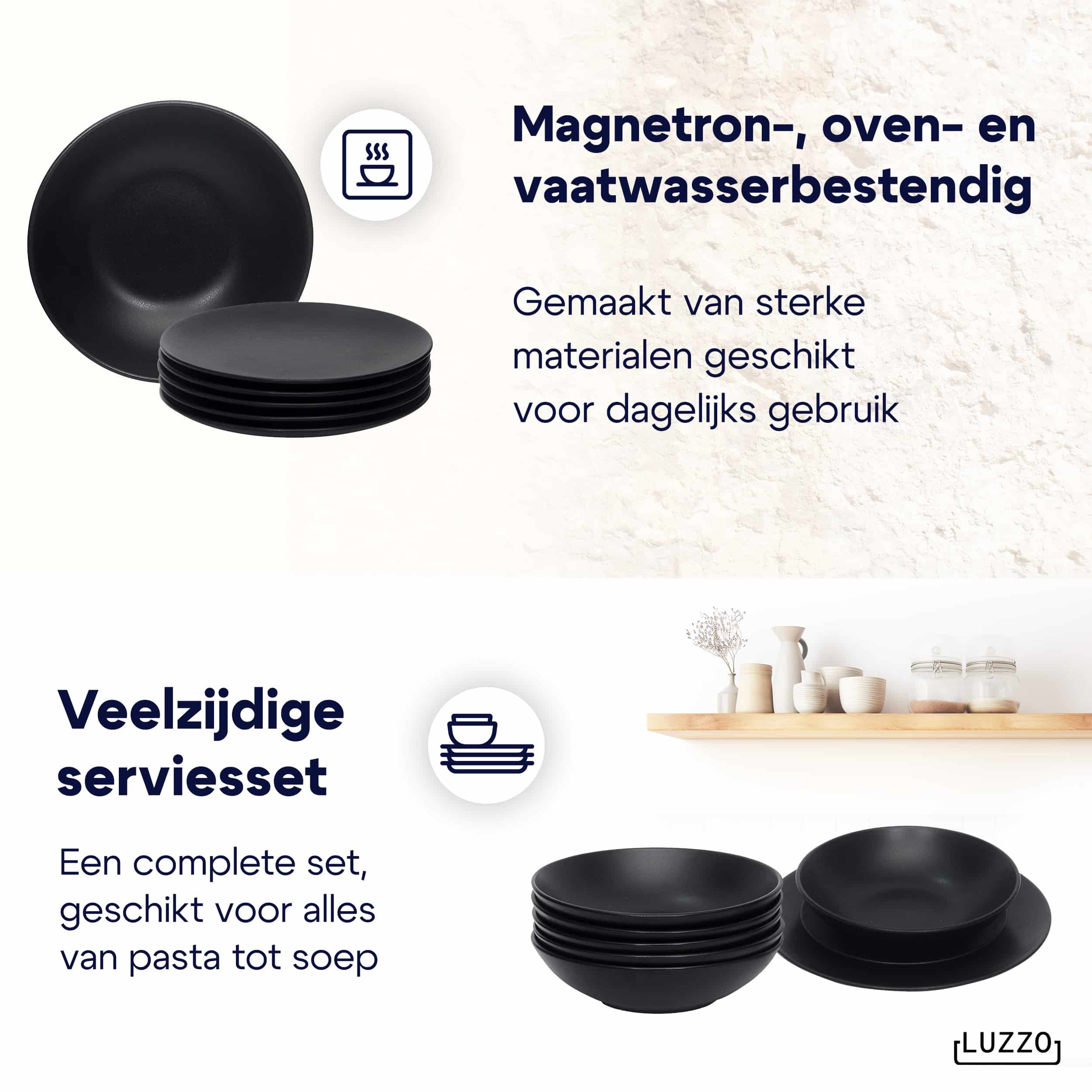 Luzzo® Serviesset Aland 6 persoons Aardewerk - 18-delig met Pastaborden - Mat Zwart