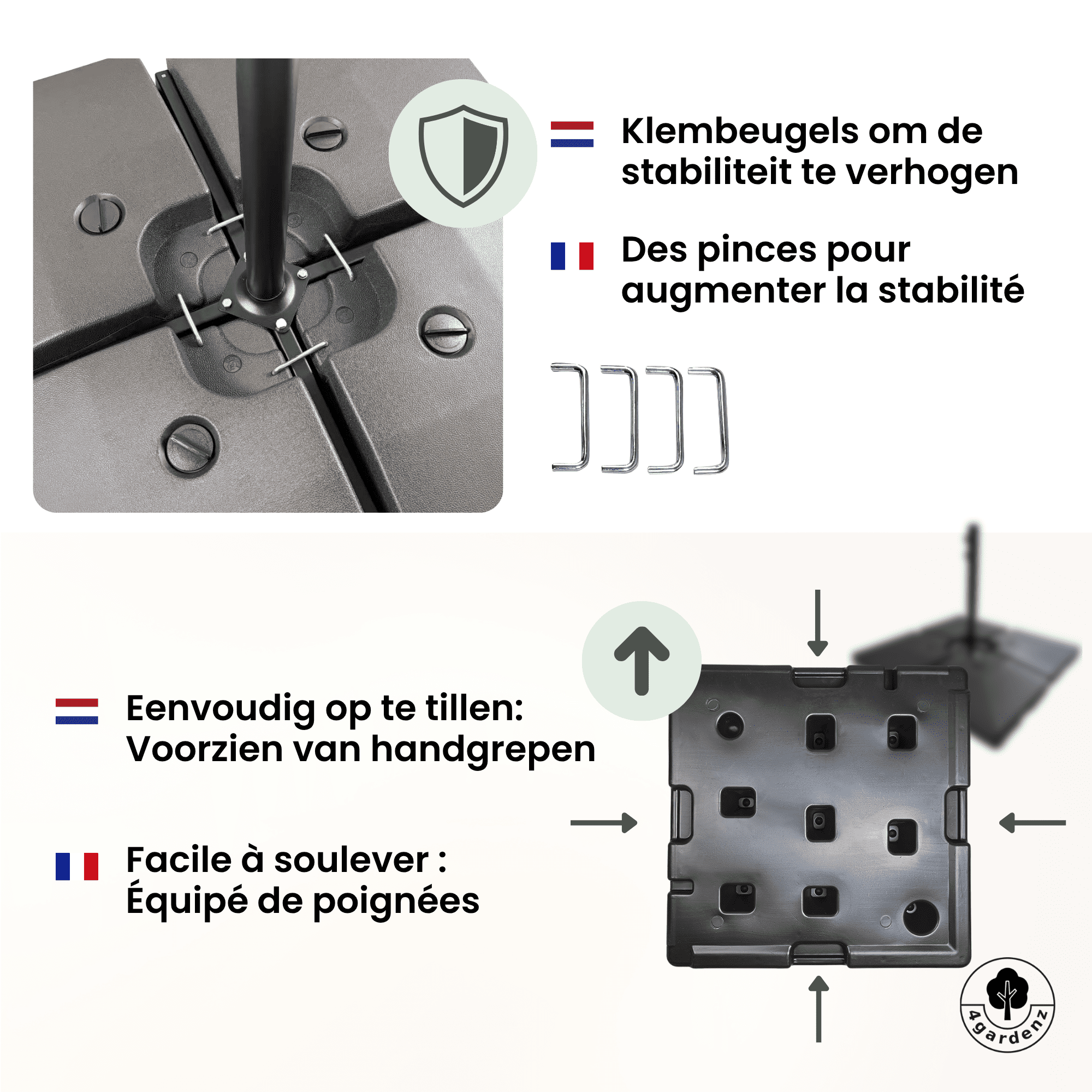 4gardenz® Parasolvoet-tegels Vulbaar 120 kg – 4-delige set voor Zweefparasols en Grote Parasols inclusief metalen klemmen