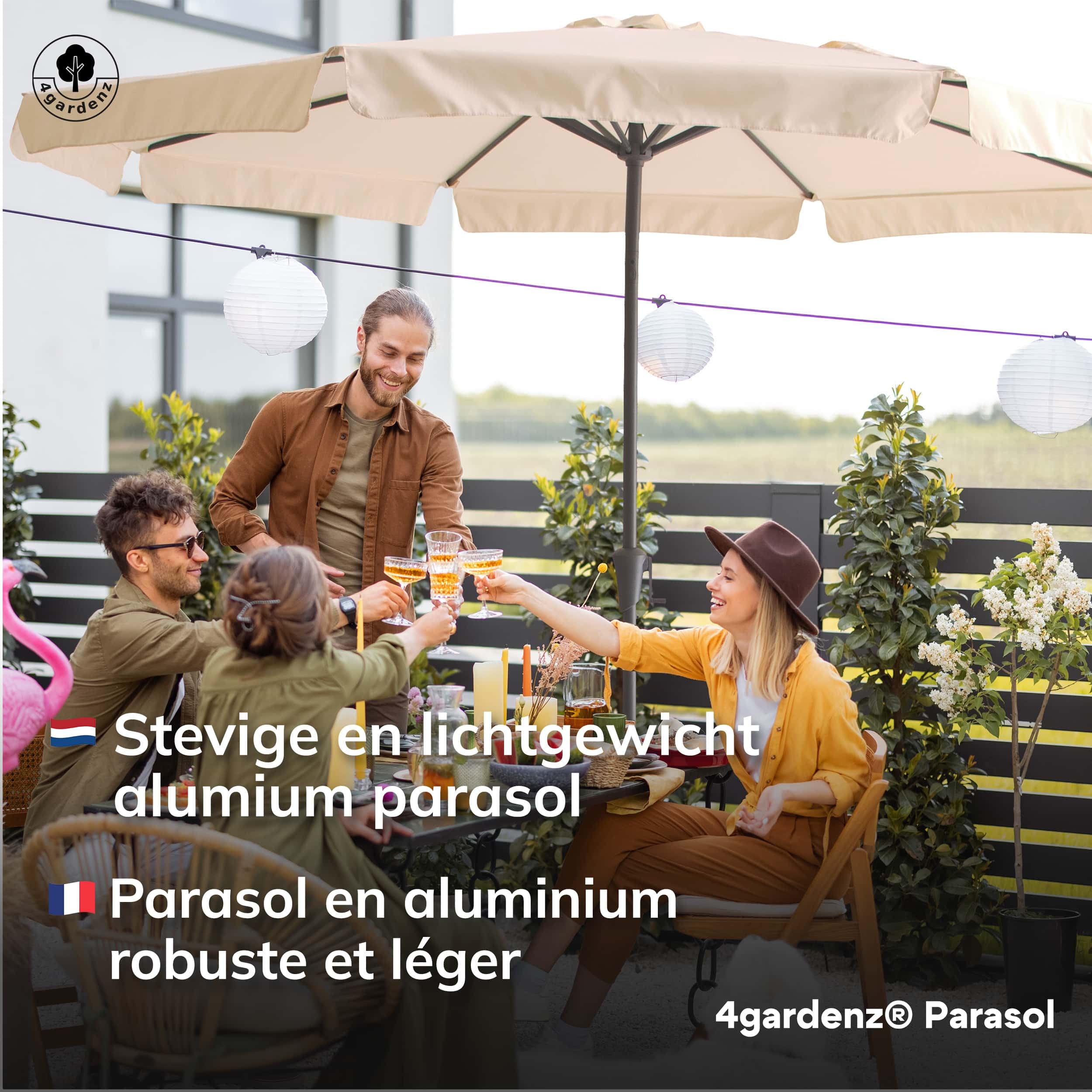 4gardenz® Parasol Rond 300 cm met Volant - Kantelbaar - UPF50+ - Creme