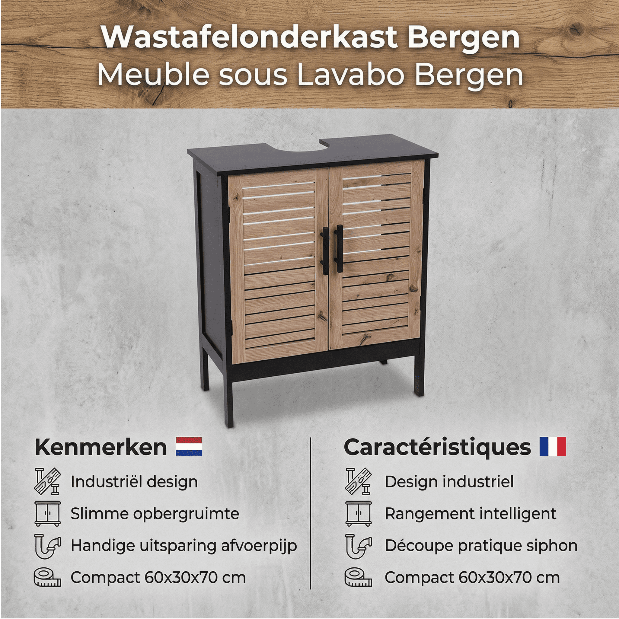 Badmeubelset Bergen Wastafelonderkast + Kolomkast - Zwart/Bruin