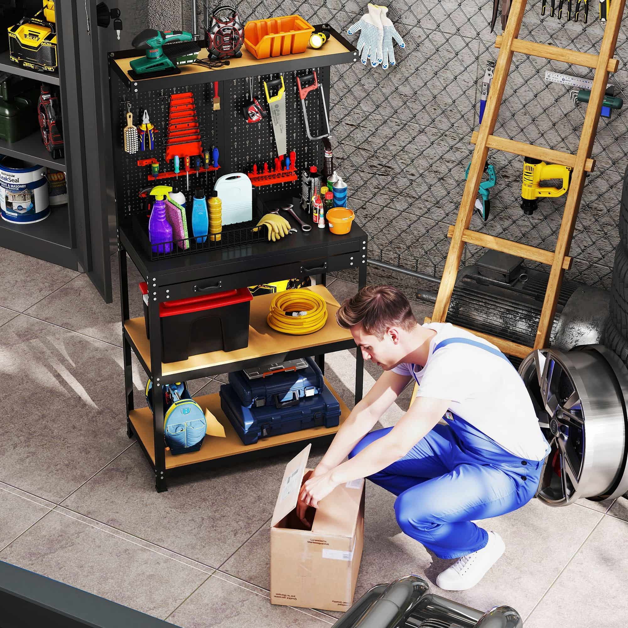 Werkbank met perforatiebord, haken en lade 40x80x155 cm - Zwart