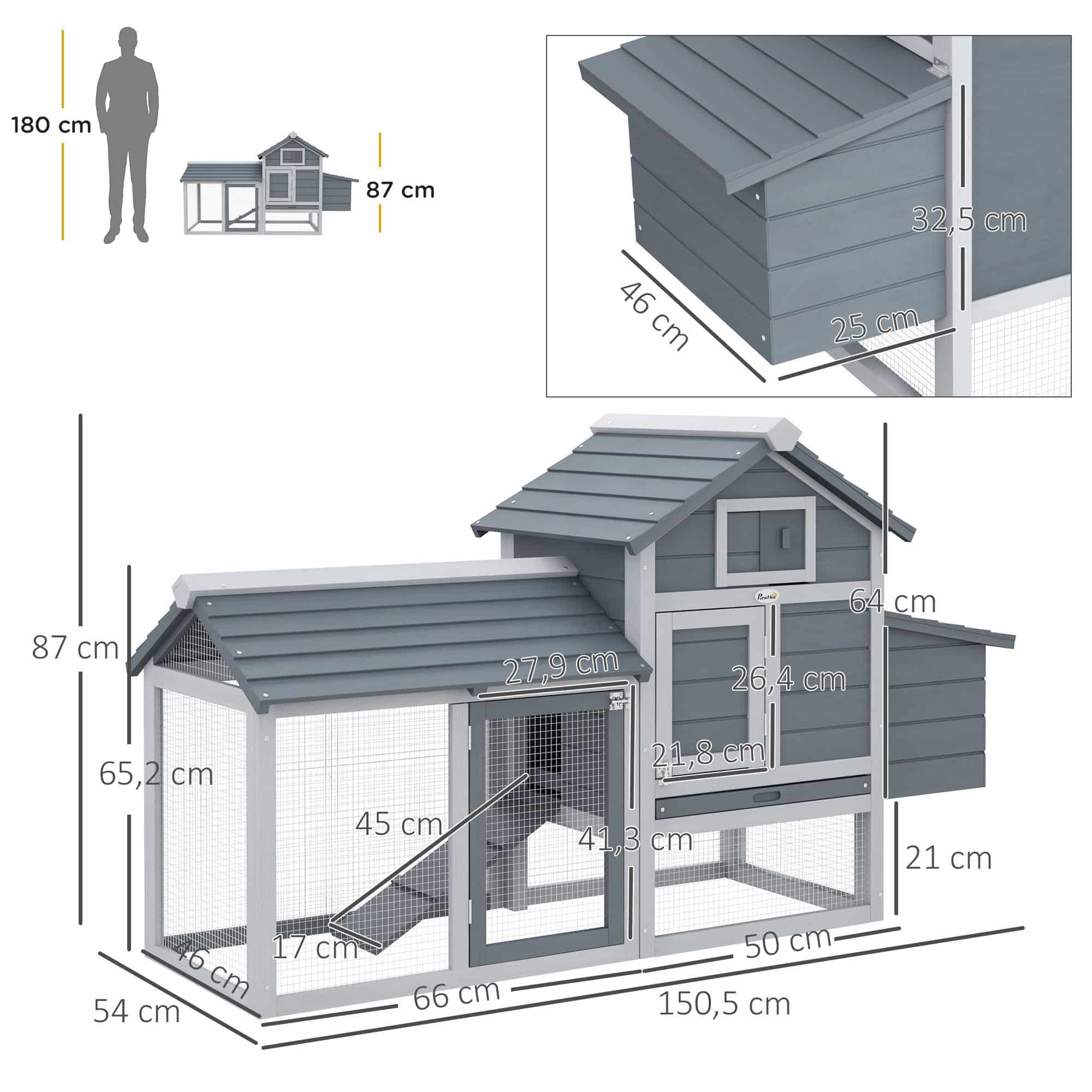 4goodz Kippenhok met Uitloop &amp;amp; Nestkast - 54x151x87 cm - Grijs