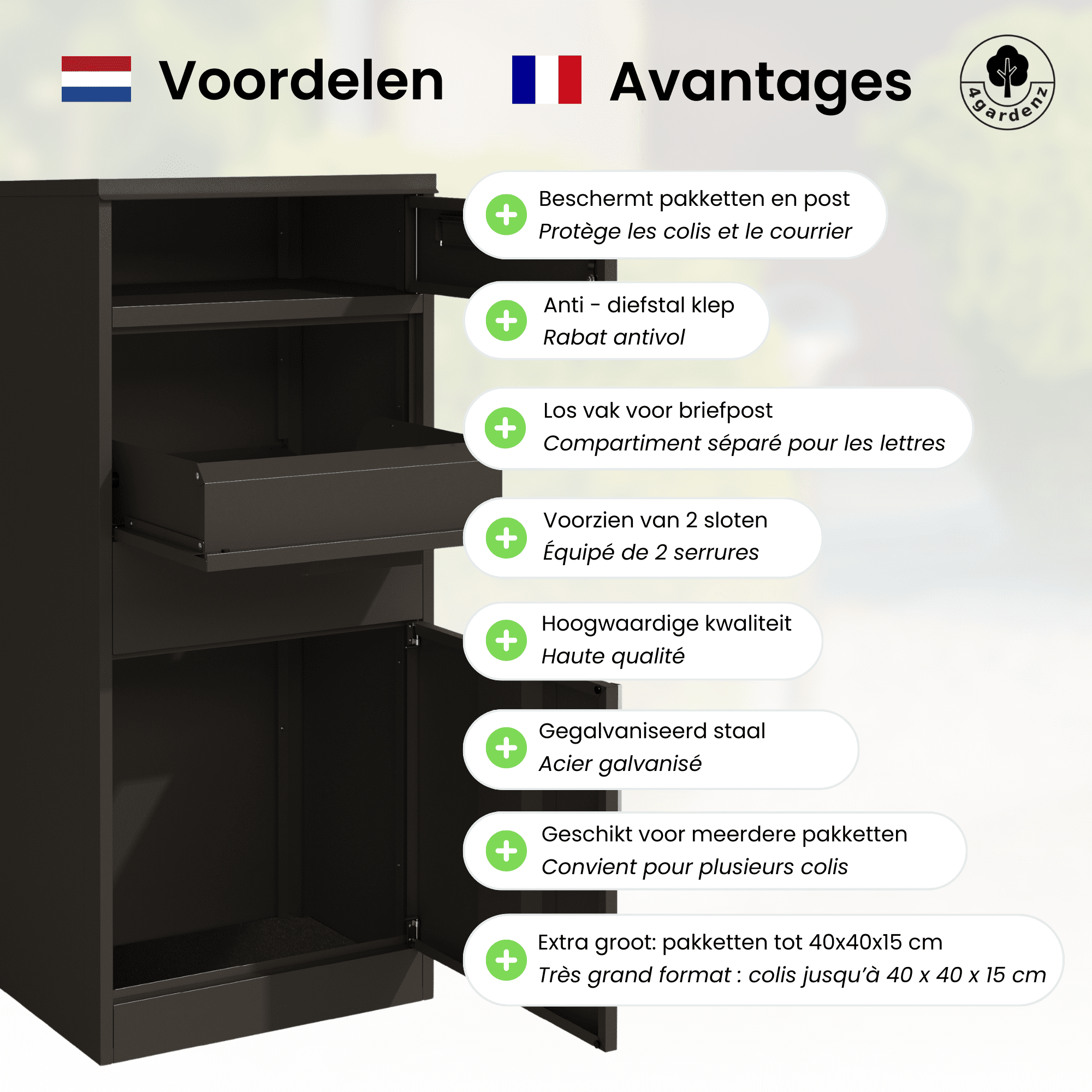 4gardenz Pakketbrievenbus met apart Postvak - Anti-diefstal - Staande Pakketbox - Zwart